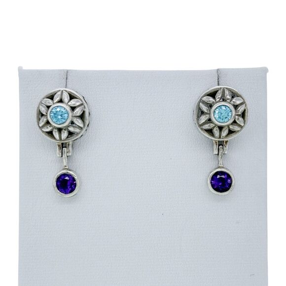 Vintage Sterling Silver 925 Amethyst Blue Crystal Dangle Earrings - Picture 1 of 4